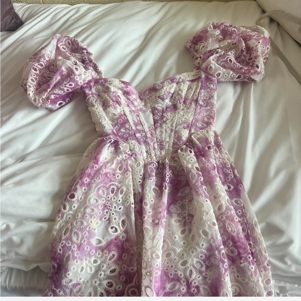 bardot Purple and white eyelet corset style dress